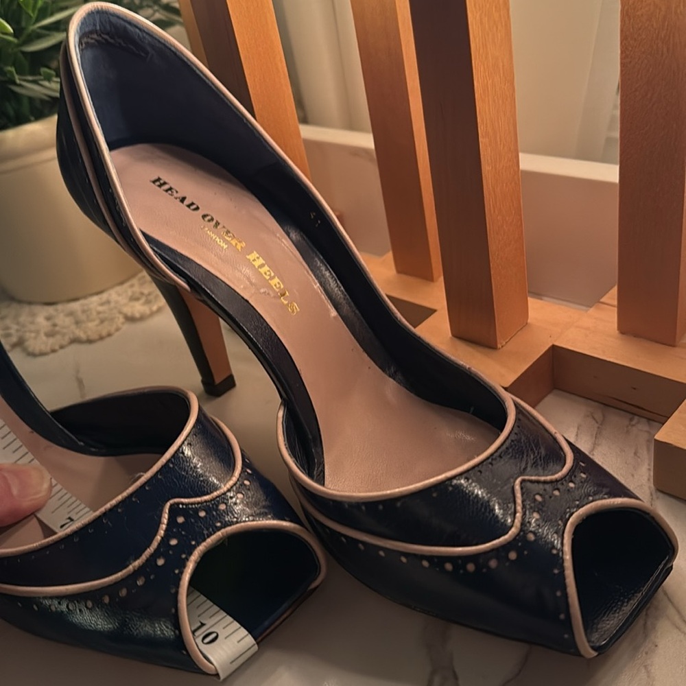 Head Over Heels London - Deep Blue Leather Wing-Tip, Squared Open Toe, D’Orsay - Picture 11 of 15
